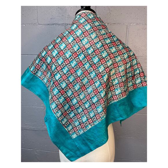 Vintage Mid Century Elephant Silk Scarf Indian Block Print Tile Print Turquoise - Picture 5 of 10